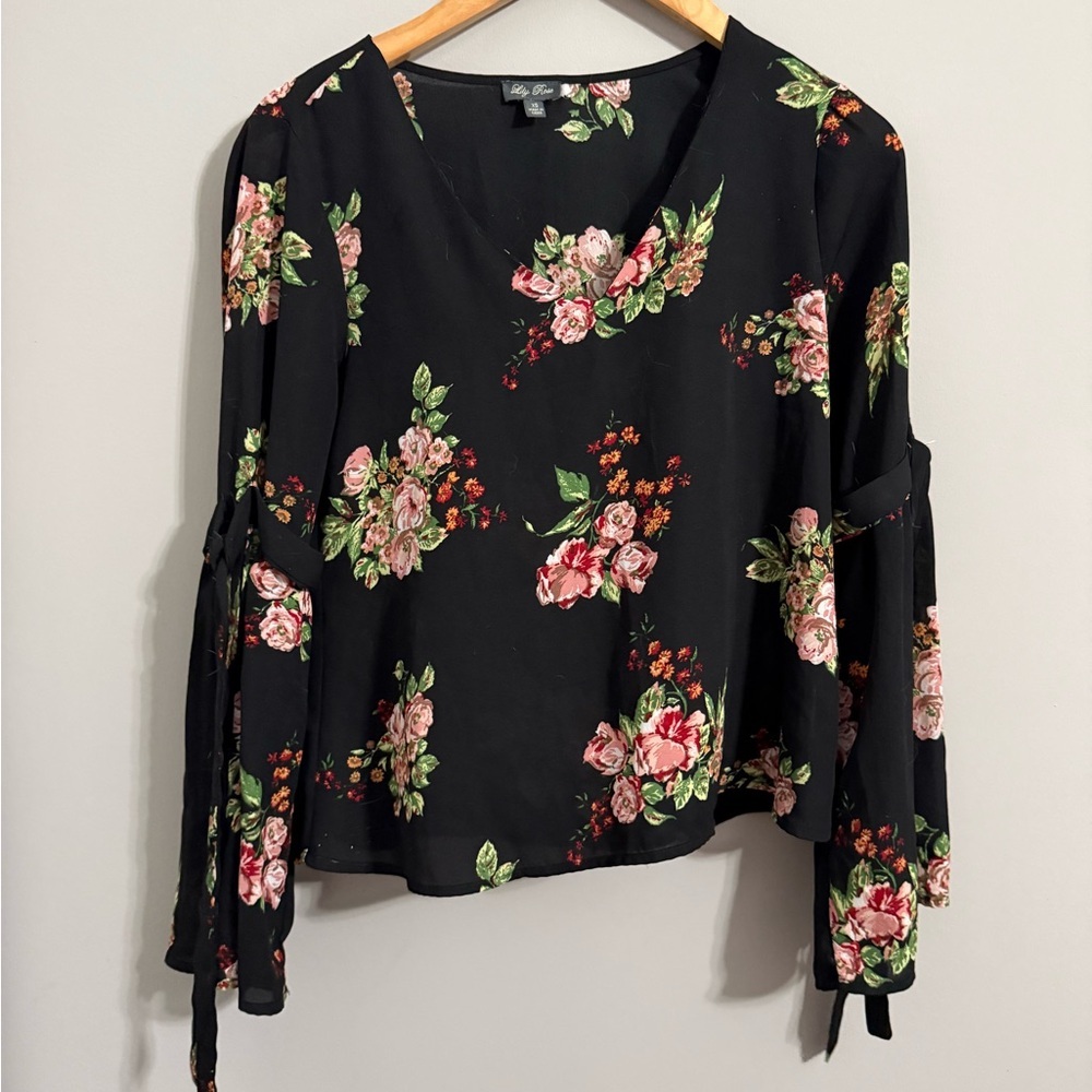 Lily Rose‎ Black and Pink Bell Sleeve Blouse with Tie Front